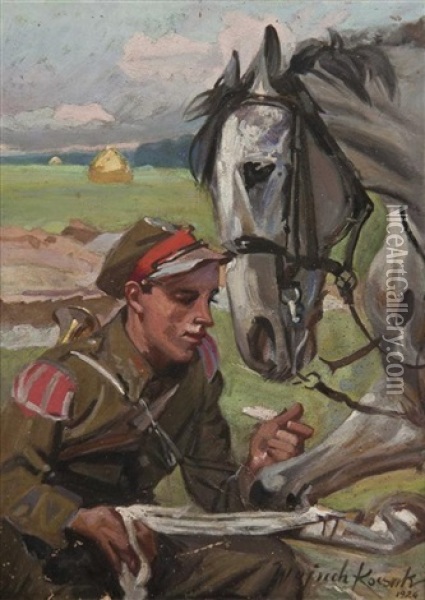 Wrapping His Horse Oil Painting - Woiciech (Aldabert) Ritter von Kossak