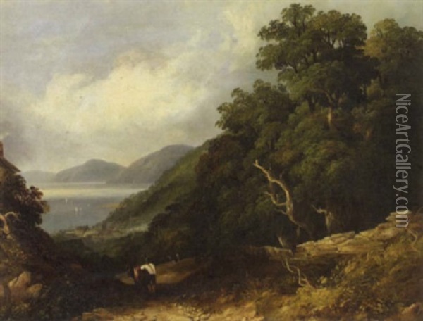 A View Of Bangor With A Figure And A Donkey On A Path In The Foreground Oil Painting - Joseph William Allen