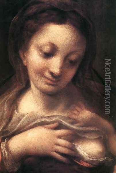 Virgin and Child with an Angel (Madonna del Latte) Oil Painting - Antonio Allegri da Correggio