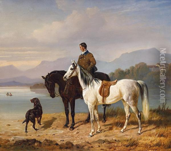 Chiemseelandschaft Mit Reiter Und Gesatteltem Schimmel Oil Painting - Franz Adam