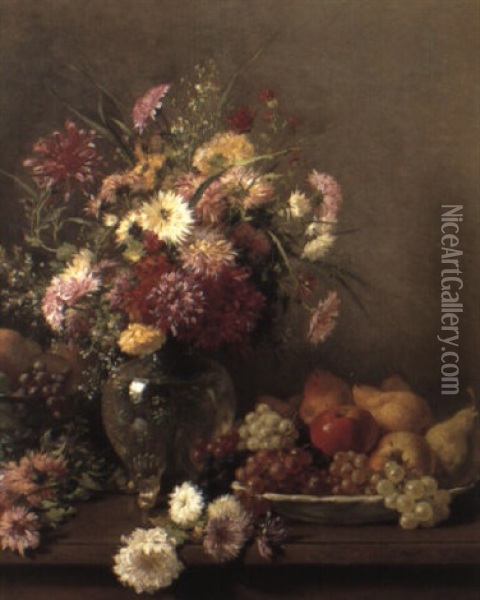 Chrysanthemums In A Vase And Bowl Of Fruit On A Table Oil Painting - Francois Furet