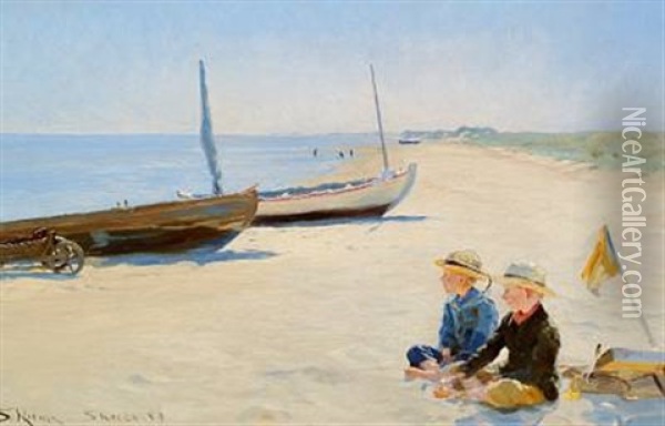 Two Boys Sitting In The Sunshine On Skagen Beach Oil Painting - Peder Severin Kroyer