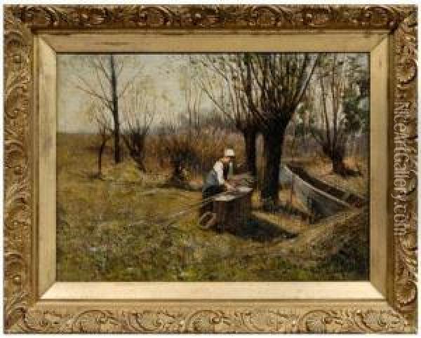 Woman Gathering Reeds In A Field Near A
Boat Oil Painting - Harvey Otis Young