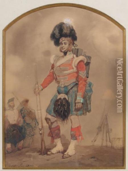 Soldat Du 79e Highlanders Au Camp De Cobham Oil Painting - Eugene Louis Lami