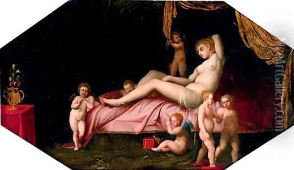 Venus reclining with attendant putti Oil Painting - Jacques Stella