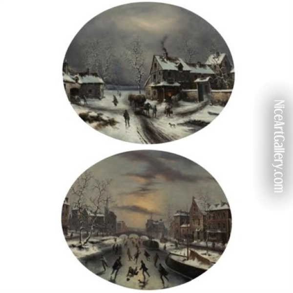 Two Skating Scenes Oil Painting - Louis-Claude Malbranche