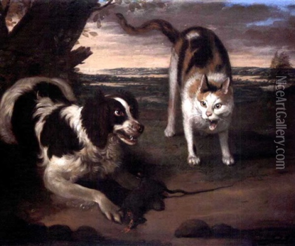 Landscape With A Dog And A Cat Fighting Oil Painting - Adriaen Cornelisz Beeldemaker