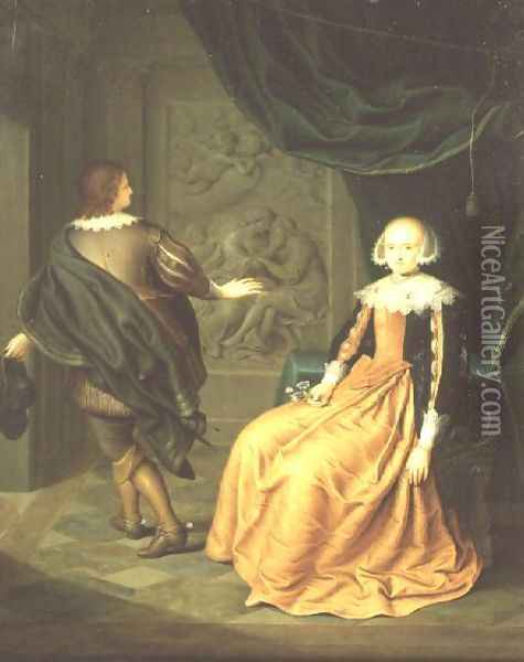 A Lady in an Orange Dress with Cavalier taking his Leave Oil Painting - Gerard Wigmana