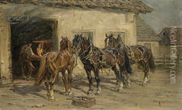 Pferde Vor Der Schmiede Oil Painting - Friedrich Eckenfelder