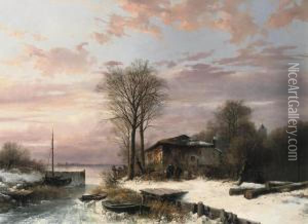 A Winter Landscape With Figures Near A House On The Frozenwaterfront Oil Painting - Abraham Van Der Wayen Pieterszen
