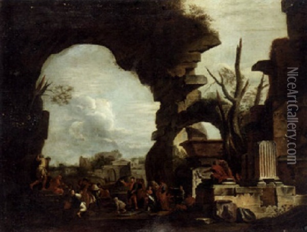 Classical Ruins With Figures Baiting A Monkey Oil Painting - Giovanni Ghisolfi