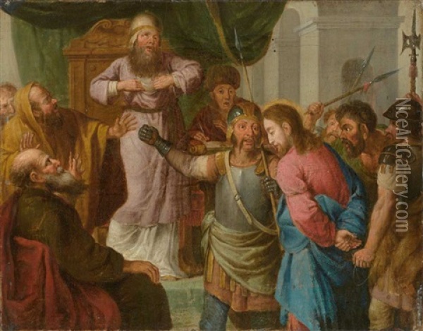 Figurenreiche Szene Mit Kaiphas Und Christus Oil Painting - Konrad Huber von Weissenhorn