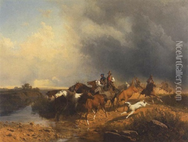 Wildpferde Und Reiter In Flusslandschaft Oil Painting - Andras Marko