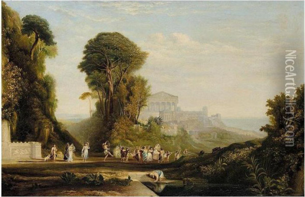 Classical Landscape With Temples And A Festive Procession Oil Painting - Claude Lorrain (Gellee)