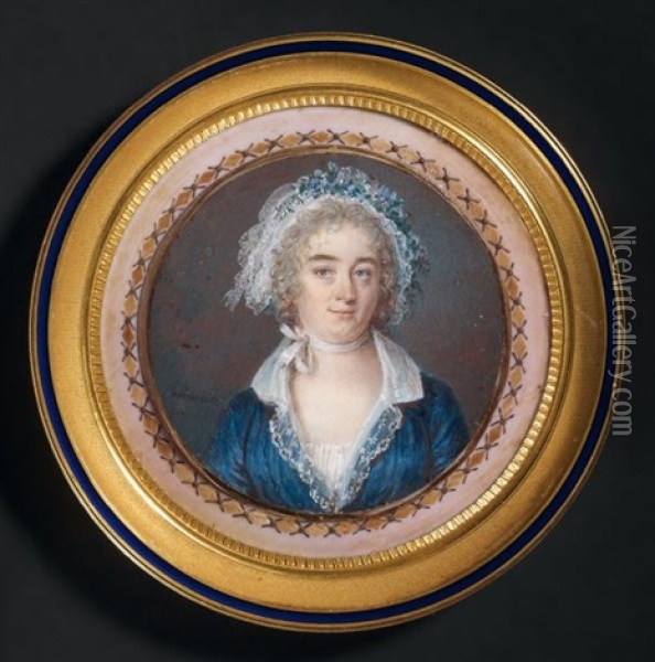 Portrait D'une Femme En Robe De Soie Bleue, Coiffee D'un Bonnet De Dentelle Orne De Fleurs Oil Painting - Johann Ernst Heinsius