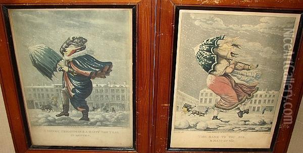 A Merry Christmas And A Happy New Year In London; The Same To You Sir, & Many Of E'm, Aquatints By G. Hunt On Wove, Hand Coloured And Published Thos Mclean 1827 Oil Painting - M. Egerton