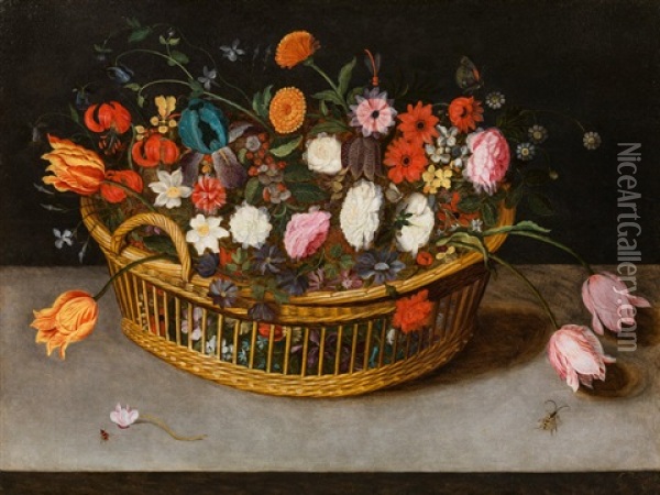 Flowers In A Basket With Handle Oil Painting - Jan Brueghel the Younger