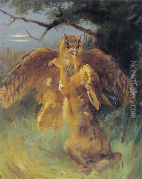 Hare Og Ugle I Kamp Oil Painting - Adolf Heinrich Mackeprang