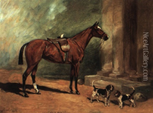 'arab Maid': A Bay Hunter With Two Foxhounds, 'prompter' And 'bashful' Oil Painting - John Emms