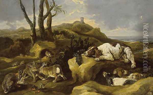 Spaniels Stalking Rabbits in the Dunes 1658 Oil Painting - Jan Fyt