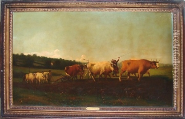 Farmers Tilling The Fields Oil Painting - Hugh Bolton Jones