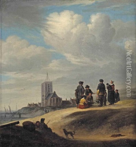 A Group Of Figures Conversing On A Beach Before A Village Oil Painting - Jacob Esselens