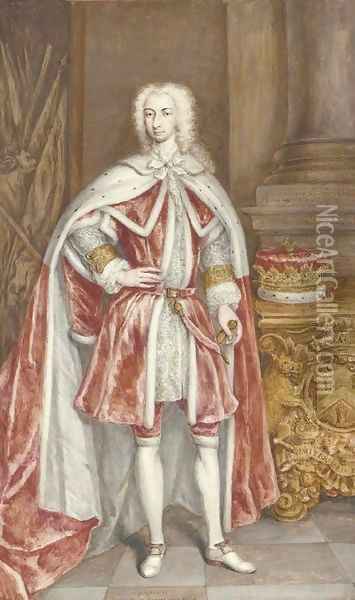 Portrait of Edmund, Duke of Buckingham (1715-1735), full-length, in state dress with ducal coronet, in an interior Oil Painting - George Vertue