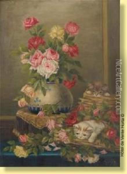 Chatons Dans Les Roses Oil Painting - Sophie Pir