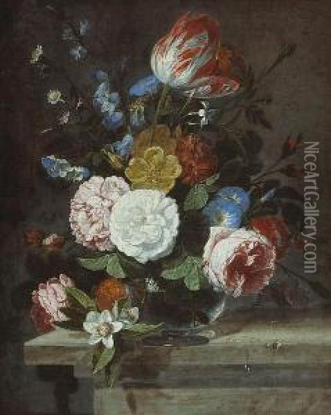 A Still Life Of Peonies, Morning Glories, Atulip And Other Flowers In A Glass Vase On A Stone Ledge Oil Painting - Jan Philip van Thielen
