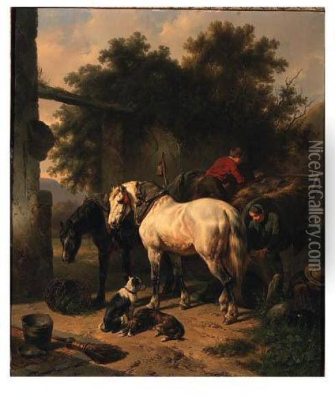 A Grey And A Black Horse With Stable Boys Oil Painting - Wouterus Verschuur