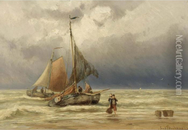 Bomschuiten Near The Coast Oil Painting - Johannes Hermann Barend Koekkoek
