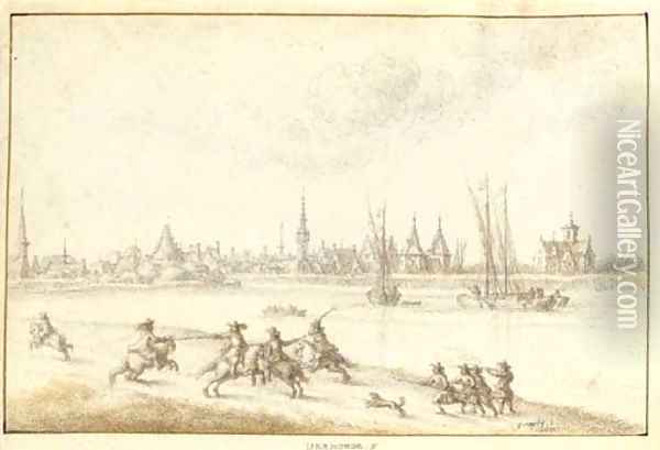 View of Dendermonde seen across the River Schelde, a cavalry skirmish in the foreground Oil Painting - Gilles Neyts