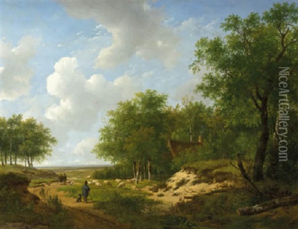 Sportsmen And A Shepherd On A Sandy Track At The Edge Of A Forest Oil Painting - Andreas Schelfhout