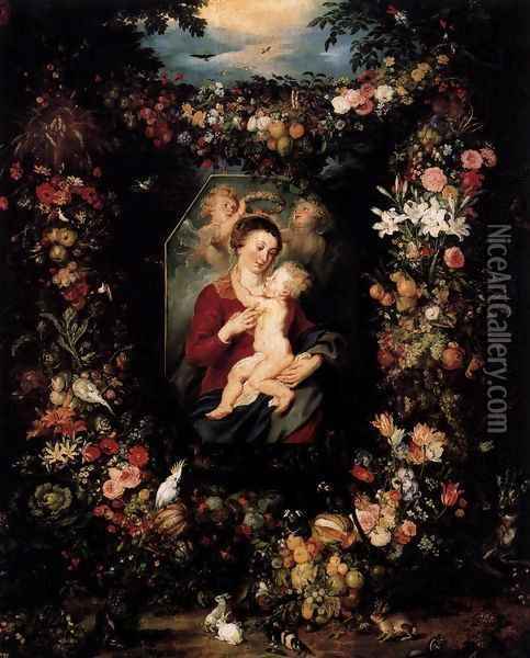 Virgin and Child Surrounded by Flowers and Fruit Oil Painting - Jan The Elder Brueghel