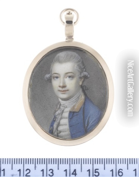A Gentleman, Wearing Blue Coat With Gold Collar, White Waistcoat, Stock And Lace Cravat, His Powdered Wig Worn En Queue And Tied With A Black Ribbon Bow Oil Painting - Richard Cosway