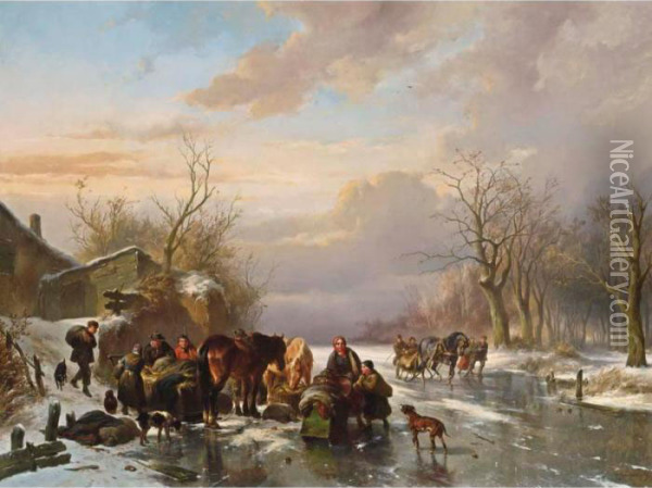 Frozen Waterway With Horses And Figures On The Ice Oil Painting - Wouterus Verschuur