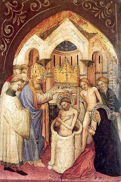 Scenes from the Legend of Saint Augustine- The Saint Baptized by Saint Ambrose 1415 Oil Painting - Niccolo Di Pietro