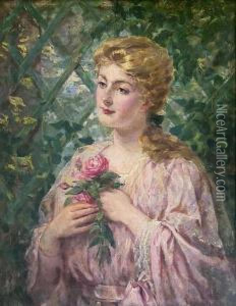 Portrait Of A Woman Holding A Rose Oil Painting - James Carroll Beckwith