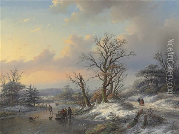 Wood Gatherers On The Ice Oil Painting - Jan Jacob Coenraad Spohler