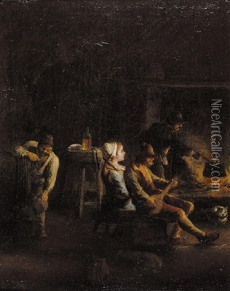 A Kitchen Interior With Peasants Sitting Round A Fire, Drinking And Playing Music Oil Painting - Paolo Monaldi