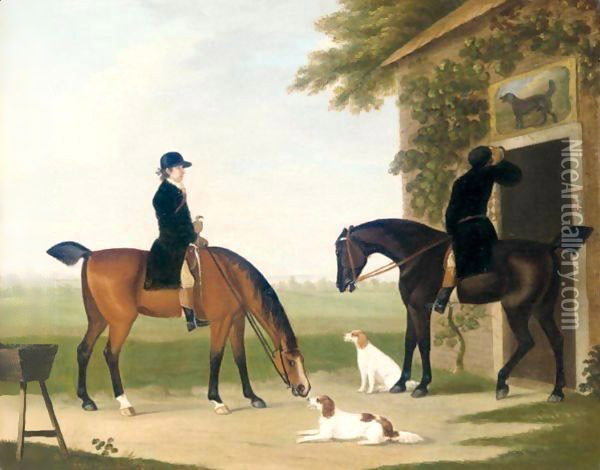 Two Huntsmen With Their Horses And Hounds Taking Refreshment Outside An Inn Oil Painting - John Nost Sartorius