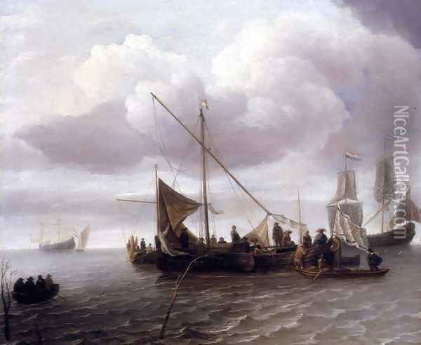 Barges Unloading Inshore Oil Painting - Jan Van De Capelle