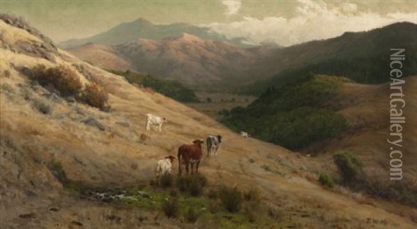 Cows In A California Pasture Oil Painting - Thaddeus Welch