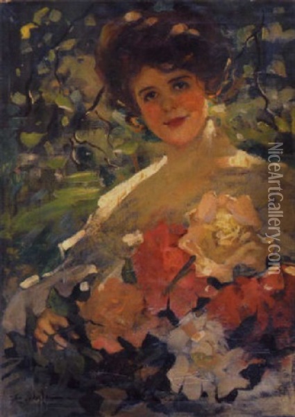 Girl With A Bouquet Of Flowers Oil Painting - Florence Carlyle