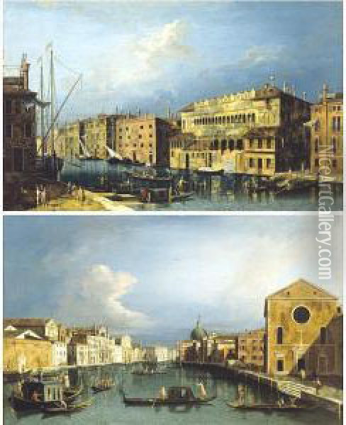 View Of The Grand Canal And The 
Fondaco Dei Turchi; View Of The Grand Canal, Looking North East From 
Santa Croce To San Geremia Oil Painting - Francesco Albotto