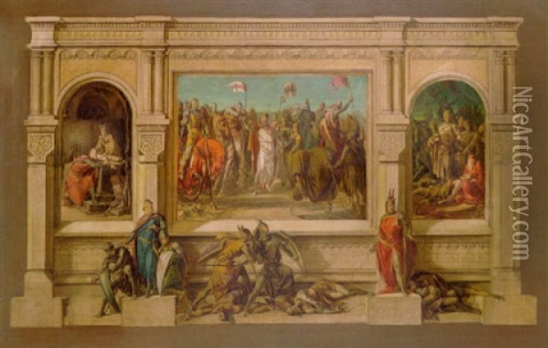 Szenen Aus Dem Nibelungenlied In Architekturrahmung Oil Painting - Julius Schnorr Von Carolsfeld