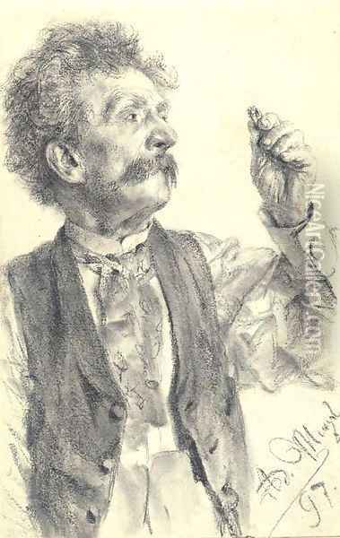 A man holding up a ring, three-quarter-length Oil Painting - Adolph von Menzel