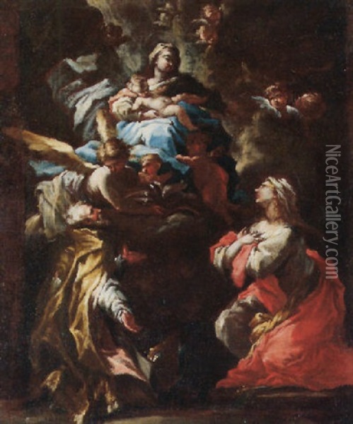 The Madonna And Child Being Adored By Two Kneeling Saints Oil Painting - Giovanni Camillo Sagrestani