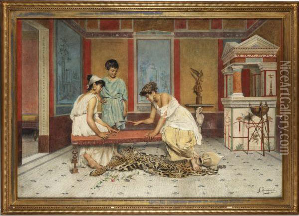 Playing Knucklebones In A Roman Villa Oil Painting - Augusto Bompiani