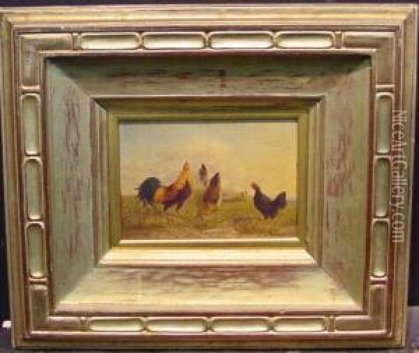 Evening - Roosters And Three Hens Oil Painting - Howard Hill